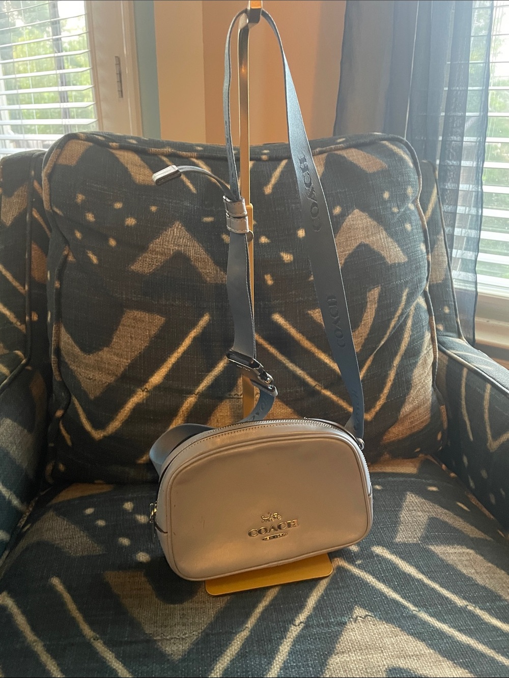 Coach Taupe Leather Mini Camera Crossbody with Blue Strap